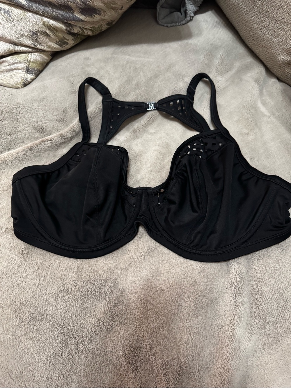 Bravissimo US Size 36F- Black Underwire Bikini Top w Decorative Cutout Racerback